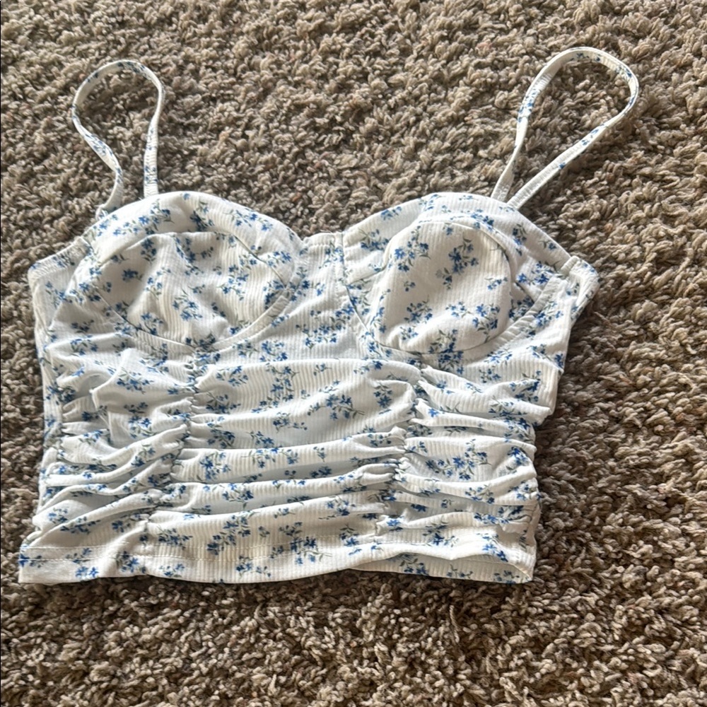 Floral White and Blue Ruched Women's Top